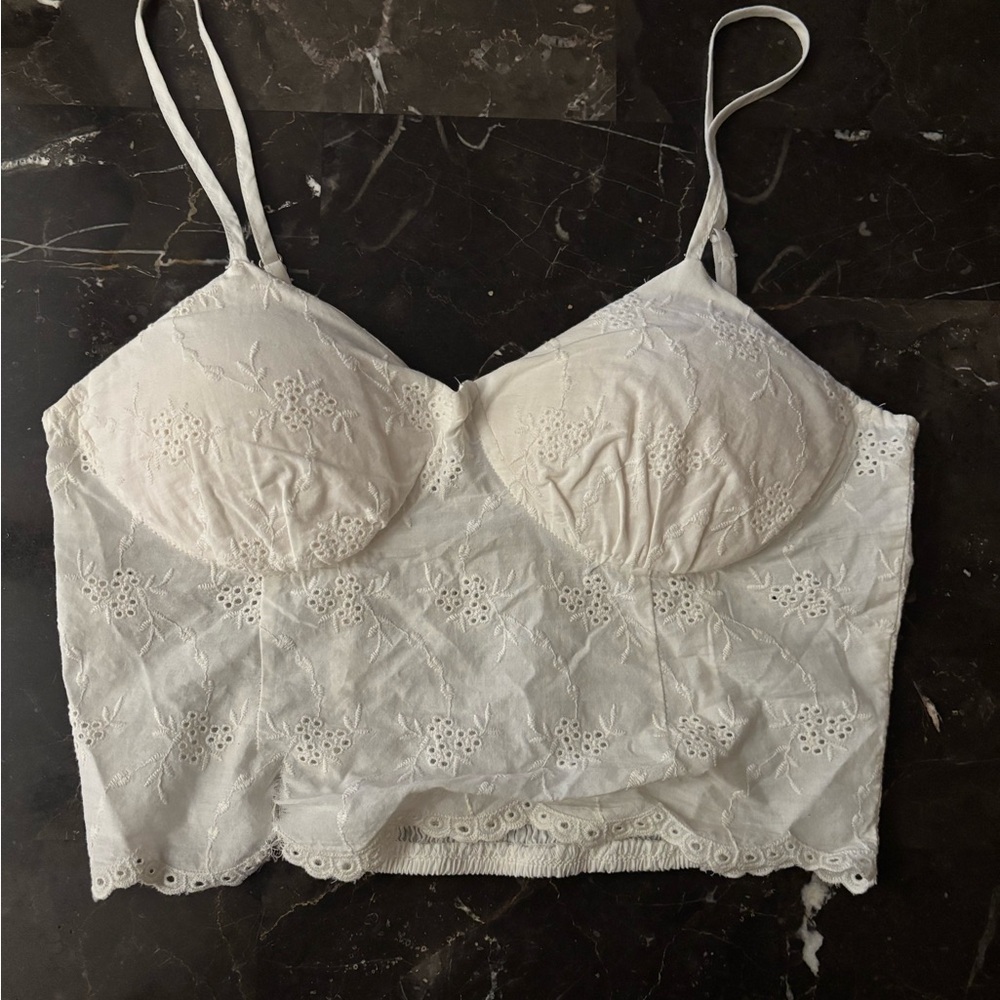 White Lace Crop Top with Spaghetti Straps and Longline Design